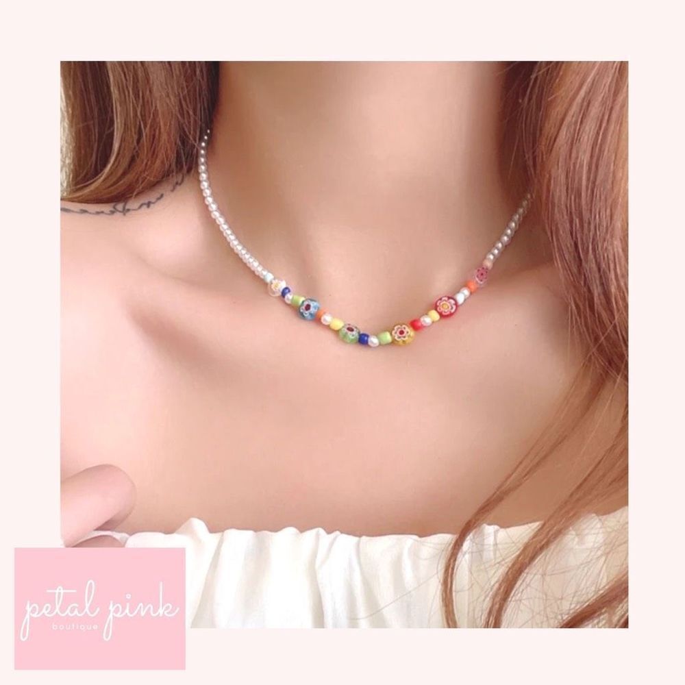 Bohemian Resin Colorful and Simulated Pearl Necklace Layer Trendy Surfer Gift
